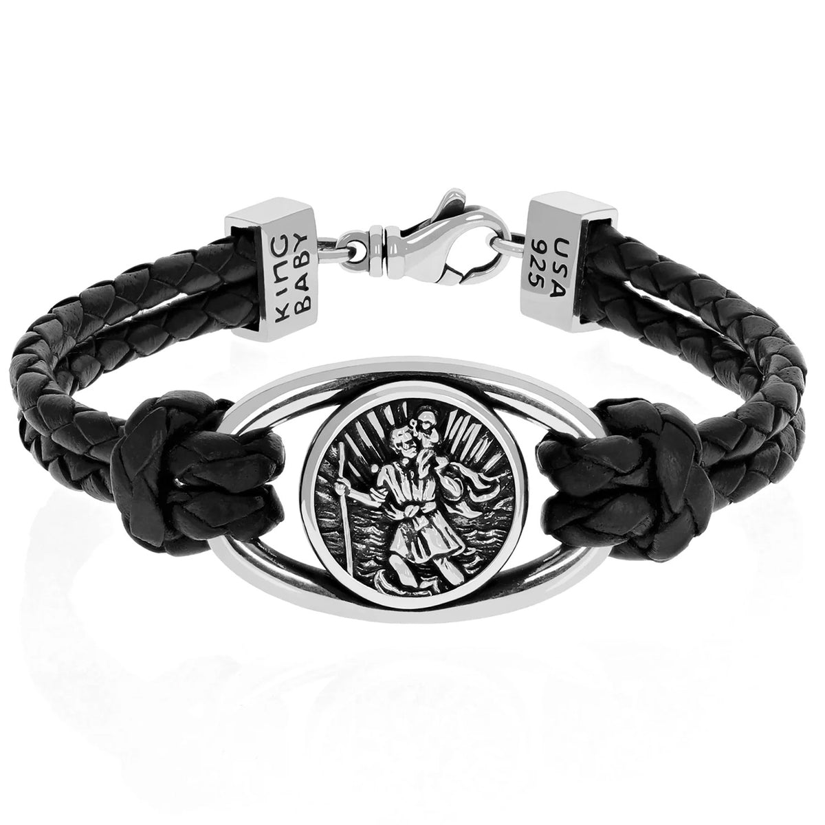 King Baby Braided Leather Cross Bracelet in Silver/Black