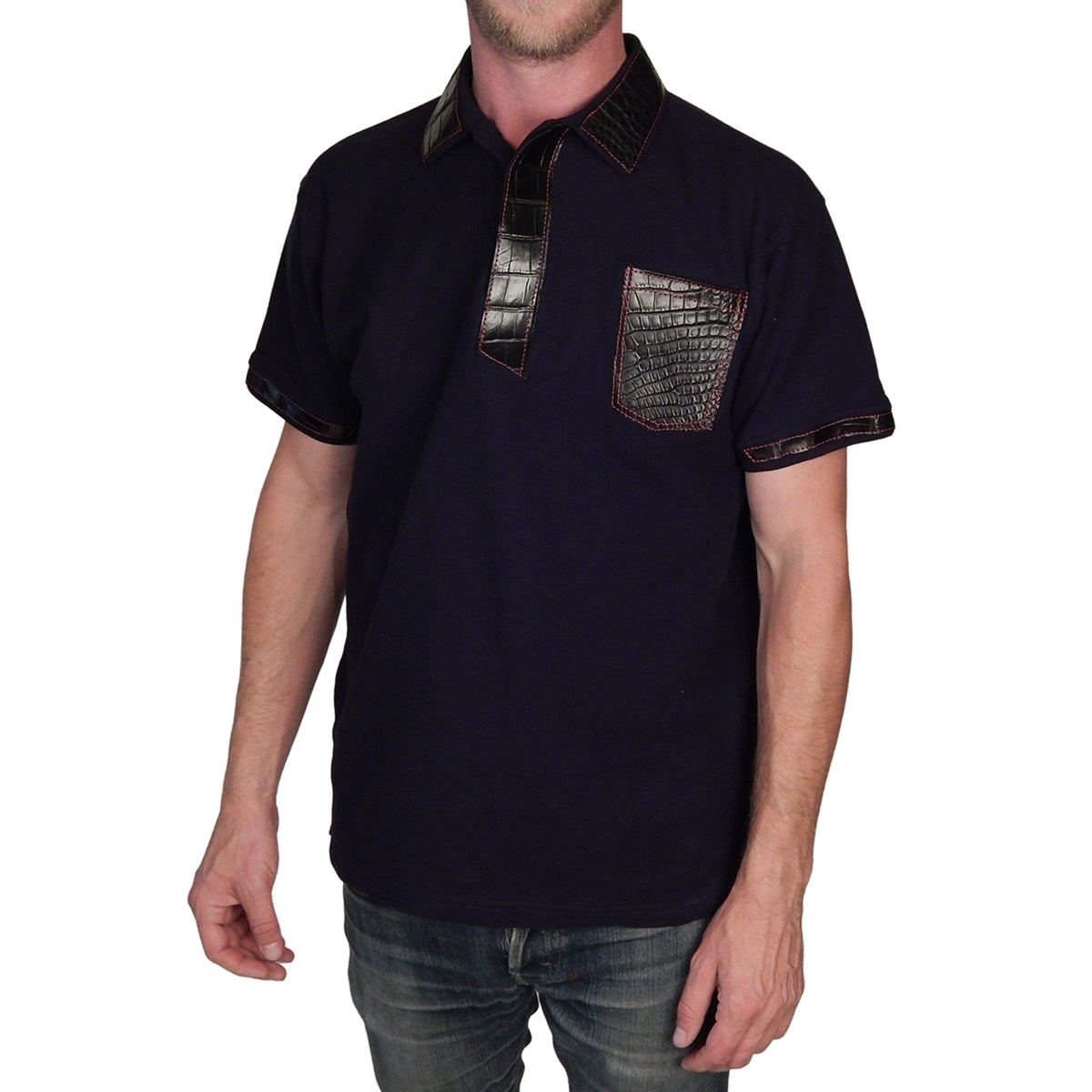 SKINZ by Anton - Black Polo with Black Alligator Accents with Red Stitching