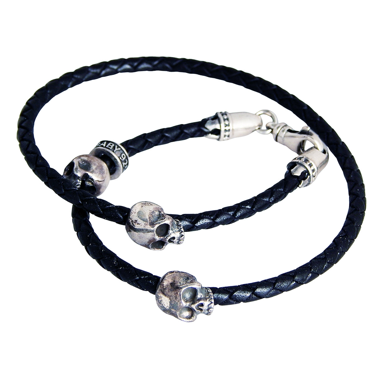 Braided Mens Bracelet DOUBLE HAMLET SKULL in Black Leather by King Baby